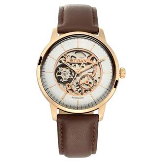Automatic Watch with Silver White Dial & Brown Strap