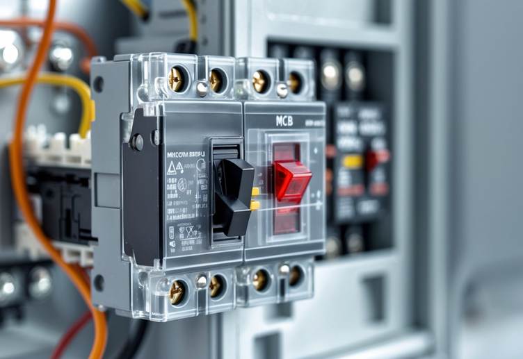 Close-up view of a miniature circuit breaker showing its internal components and wiring inside an electrical panel.