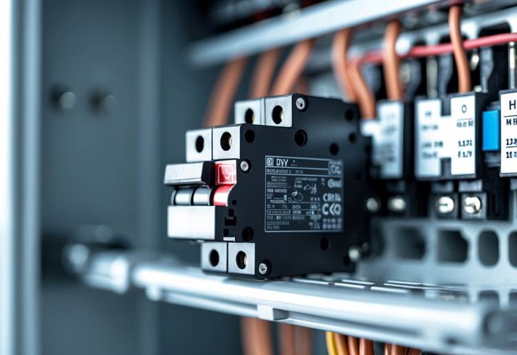Close-up of a miniature circuit breaker installed in an electrical panel with connected wiring.