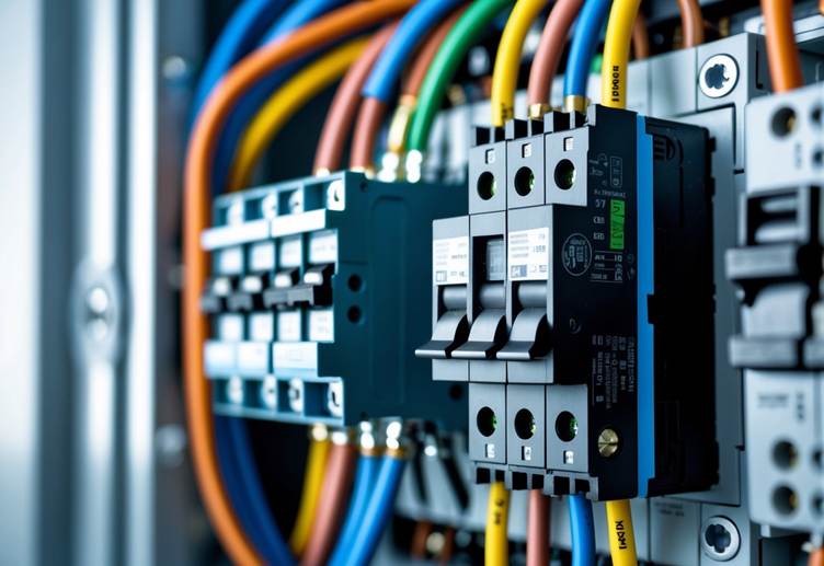 Close-up view of a miniature circuit breaker installed in an electrical panel with connected wires.