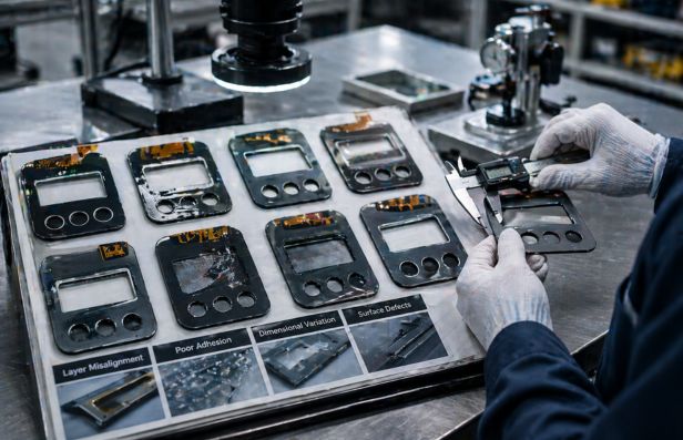 Manufacturing defects, including misalignment, adhesion failure and dimensional variation