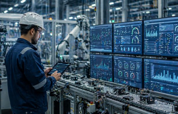 An engineer monitoring real-time production quality data in a manufacturing plant